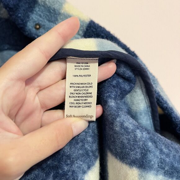 Soft Surroundings Dealto Jacket Sherpa Blue White Plaid Pockets Snap Front Sz L - Picture 6 of 8
